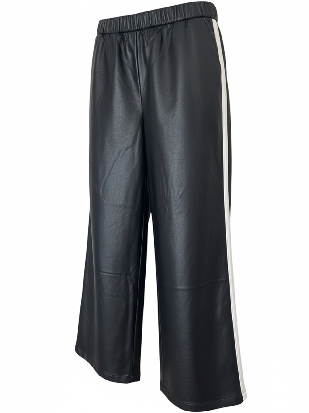 Maeve Anthropologie Black Faux Leather Pull On Track Pants Wide Leg Side Stripe